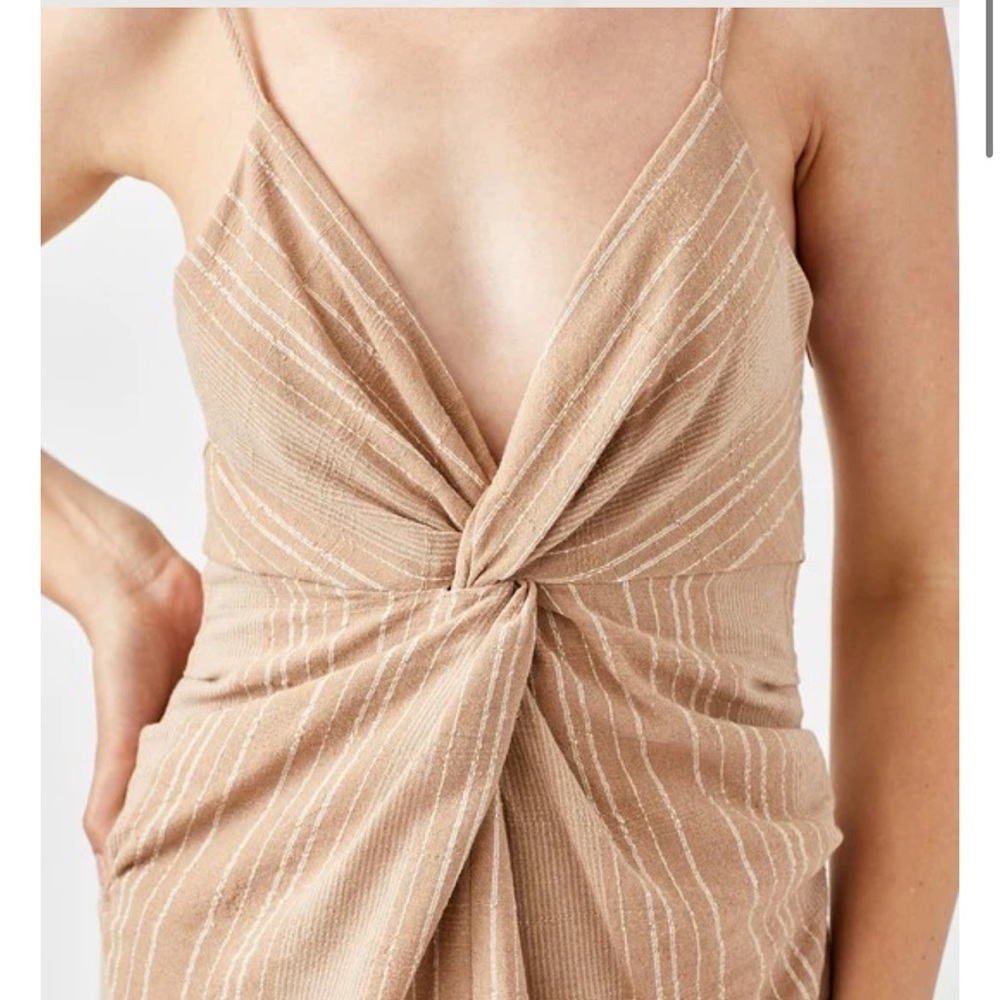 Mustard Seed Women’sDress Medium Cotton Twist Front Tan Stripes Midi Lagenlook - Picture 2 of 15